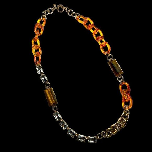 Ann Taylor Chunky Gold Tone Faux Tortoise Acrylic Tiger Eye Rhinestone Necklace - Picture 5 of 7